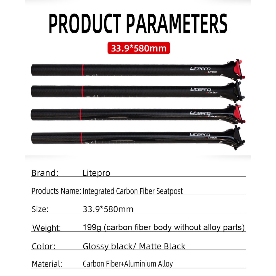 Ống yên xe đạp Litepro A65 412 BMX sợi carbon gấp gọn được cỡ 31.8 33.9X580Mm