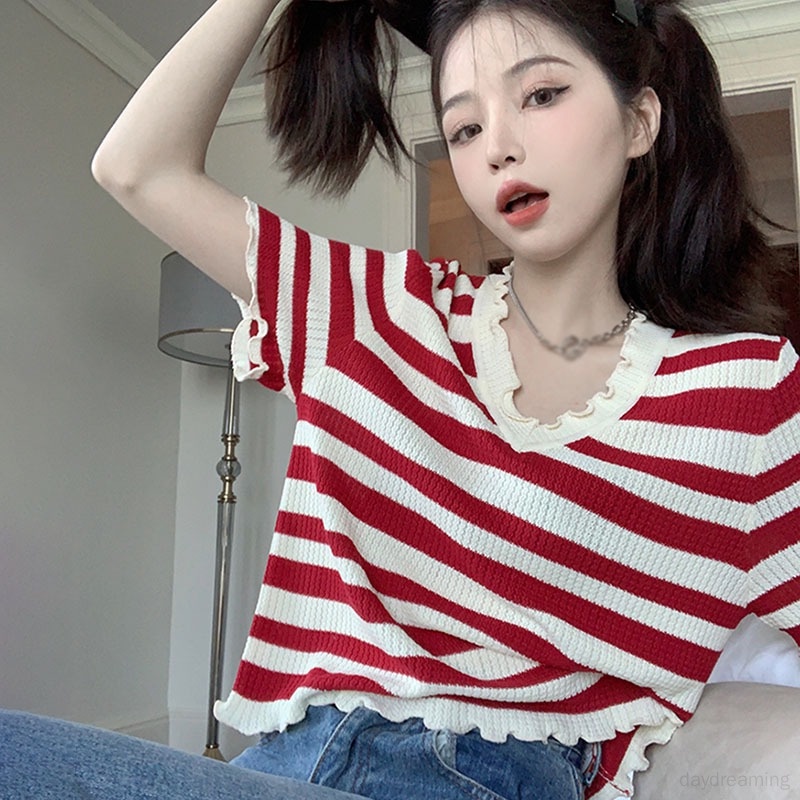 Áo Thun Nữ Ngắn Tay Cổ Chữ V Kẻ Sọc Ngang Thời Trang