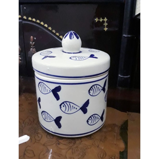Hũ đựng mỡ , muối, làm mẻ, muối cà..800ml/ 1200ml. vẽ cá men bóng. gốm sứ Bát Tràng