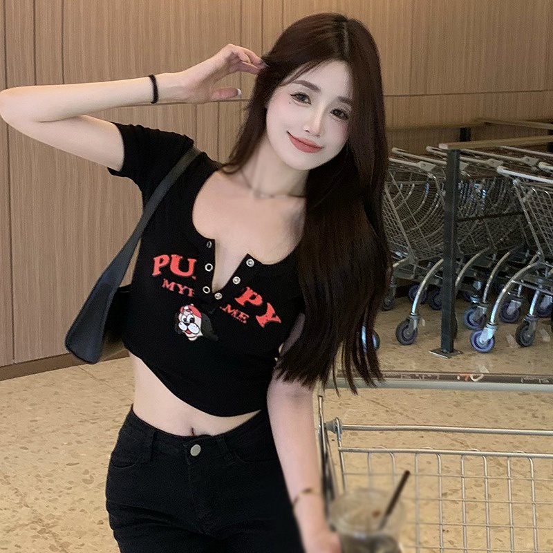 Áo Thun Tay Ngắn Dáng Ôm Cổ Chữ U Phối Nút Thời Trang Cho Nữ