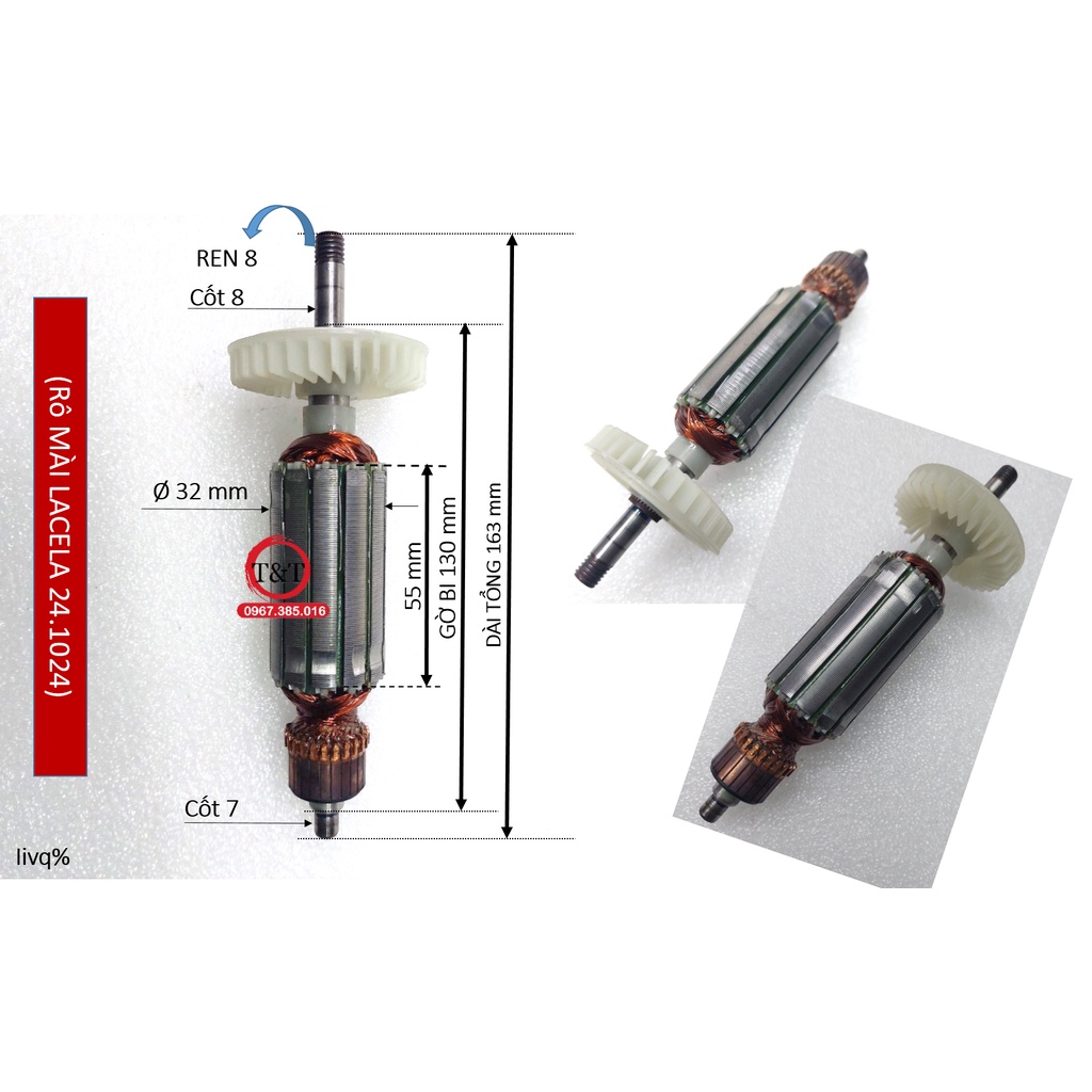 Rô to máy mài góc lLACELA 241024, RUỘT MÀI 1 TẤC 24.1024 DÀI 163 THÂN 32 ĐẦU REN 8MM.