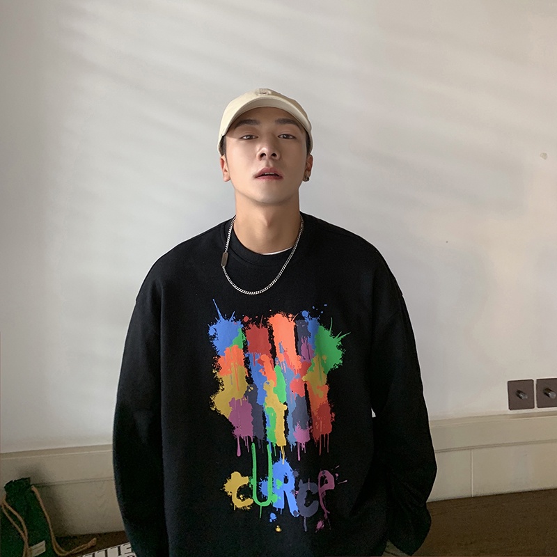 Áo thun tay dài dáng rộng in họa tiết graffiti phong cách đường phố kiểu Hàn năng động cho nam M-5XL