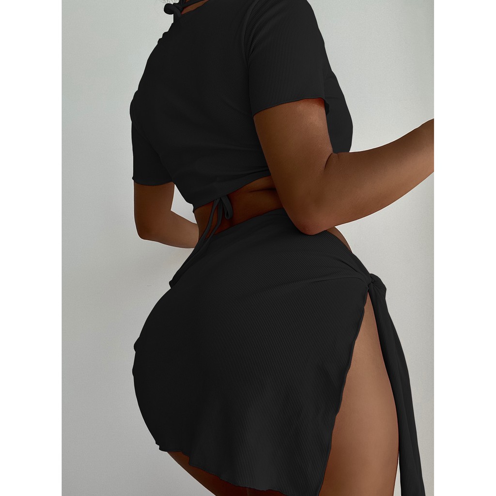 [BKN1342] &lt;ÂU&gt; SET BIKINI 4 MÓN VẢI GÂN CAM/ĐEN KÈM ÁO VÀ KHĂN HÔNG