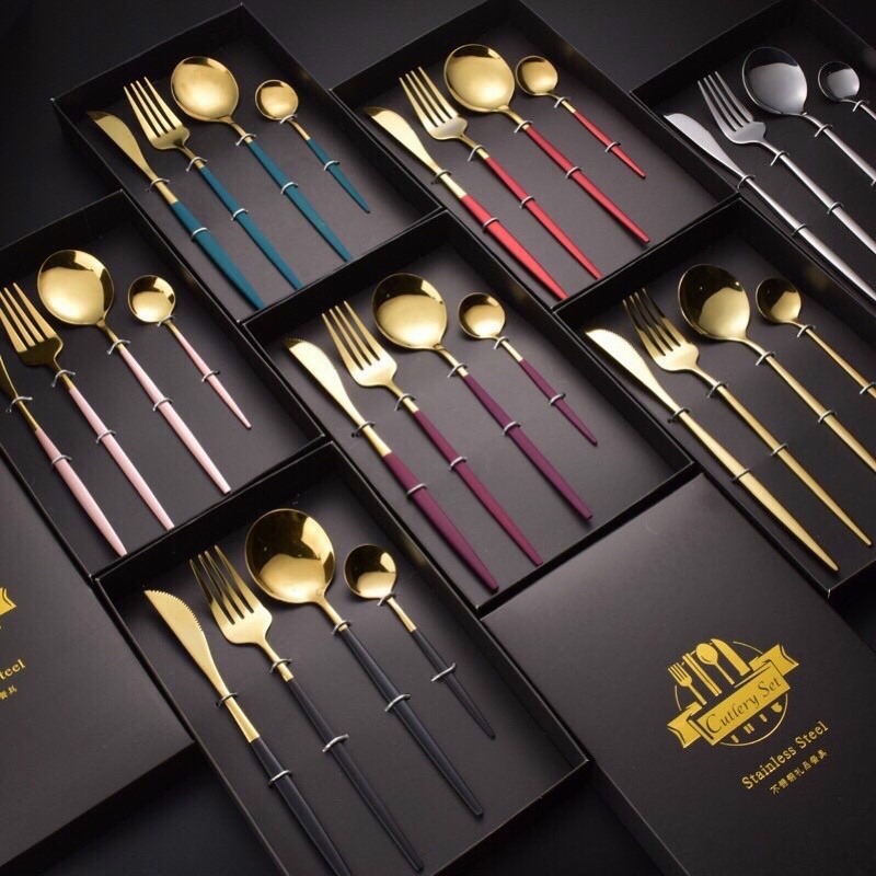 Set 4 món thìa dao dĩa inox dụng cụ ăn cá nhân mạ vàng cao cấp phong cách hoàng gia Cutlery set