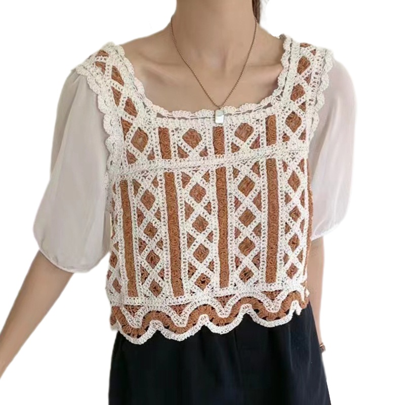 Brroa Áo Croptop Dệt Kim Chiffon Tay Lửng Cổ Vuông Phối Màu Tương Phản Kiểu Pháp Cho Nữ