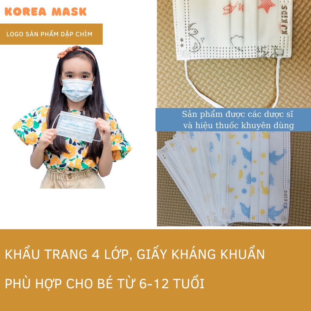 Khẩu trang y tế trẻ em KJ Kids 4 lớp giấy kháng khuẩn Hộp 50 cái Cho bé 4 - 12 tuổi