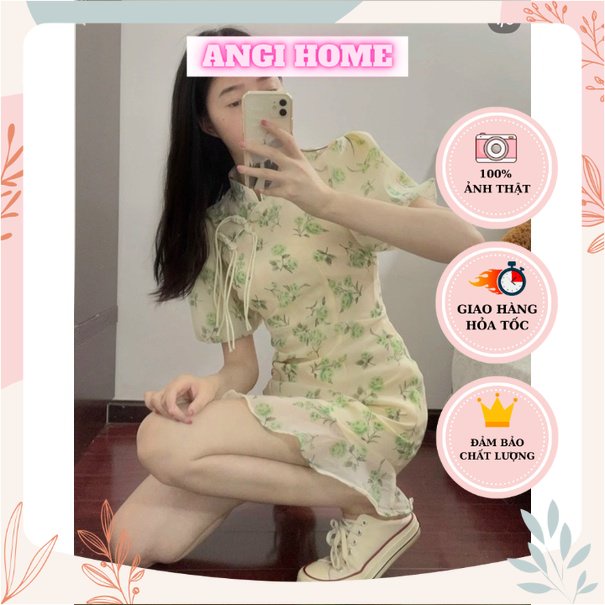 ĐẦM HOA KEM CỔ TÀU CHÂN BÈO ANGI HOME
