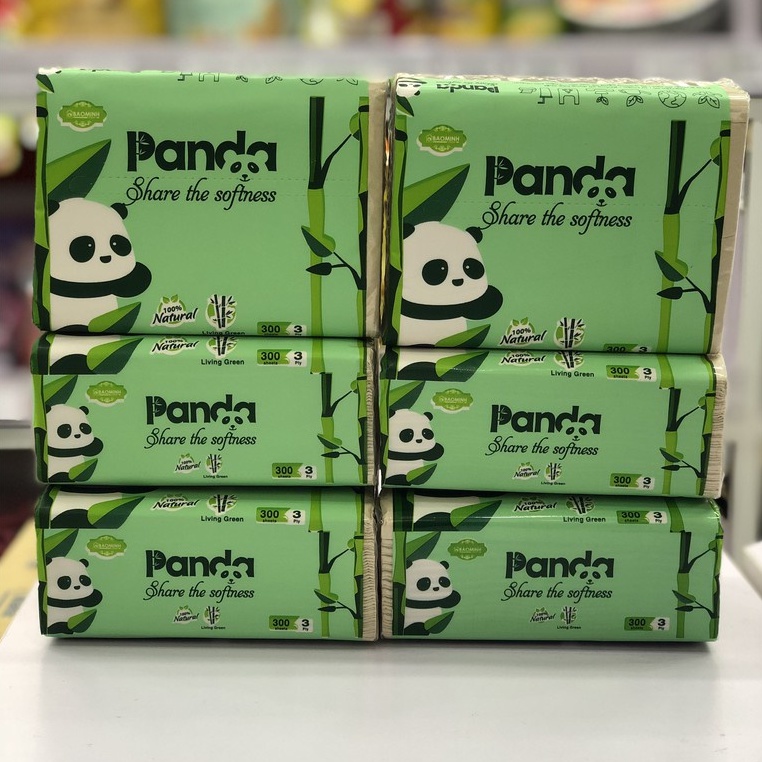 Giấy gấu trúc tre Panda dạng rút màu xanh, bịch 10 cuộn giấy lõi và cuộn giấy không lõi