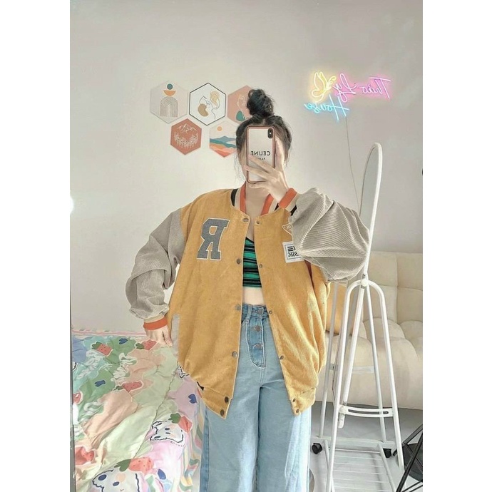 (FREE SHIP) ÁO KHOÁC BOMBER NỮ THÊU CHỮ R CHẤT KAKI NHUNG CAO CẤP ĐẸP TINH TẾ THỜI TRANG VALENTINA