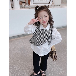 Set áo sơ mi kèm gile kẻ phối quần ống loe bé gái