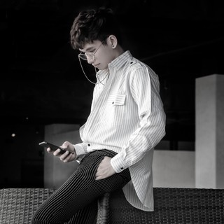 Sơ mi nam Retro Style trắng kẻ sọc đen