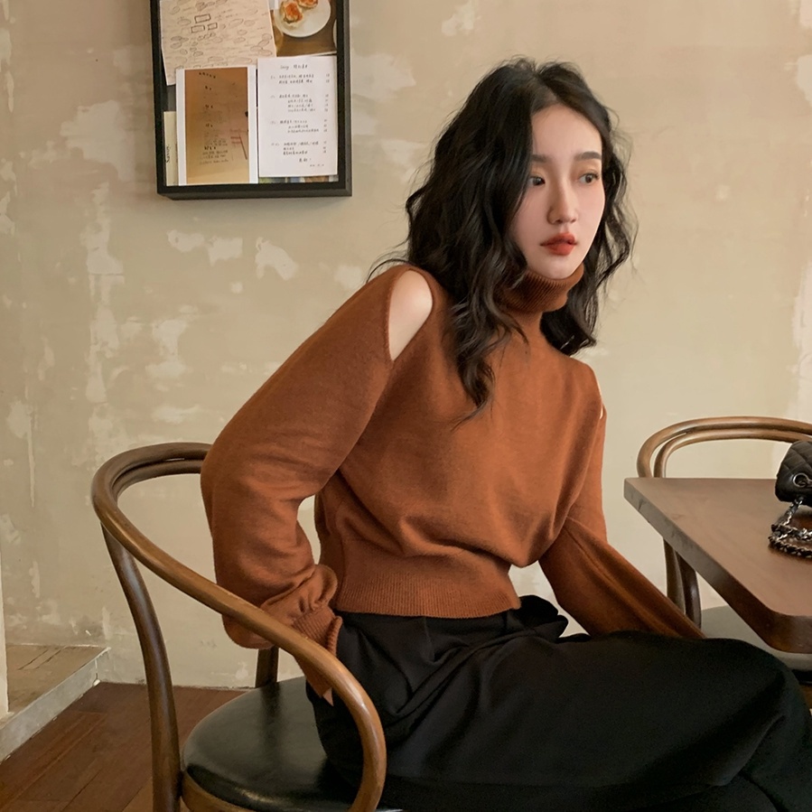 Áo sweater cổ lọ trễ vai thời trang thu đông phong cách Hàn Quốc dành cho nữ