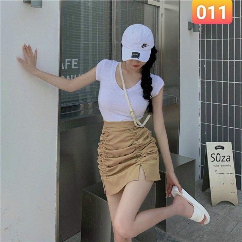 Chân váy ôm chất voan rút dây xẻ tà (đen/be) form 40-65kg Hati Store
