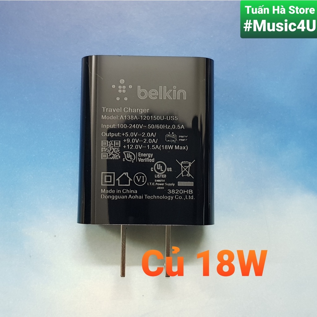 Củ cáp sạc nhanh USB type C Belkin 18W Quick Charge 3.0 cho Samsung LG HTC Sony IP 6 7 8 Plus Tuấn Hà Store