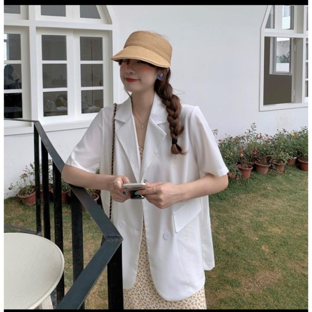 Áo vest-blazer vạt bầu cộc tay dáng suông vải trượt mặc mùa hè H100