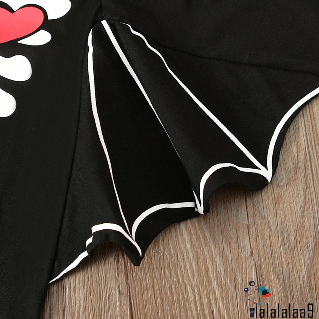 Bộ áo liền quần cổ tròn tay cánh dơi in họa tiết kèm mũ đội màu đen hóa trang lễ Halloween cho bé