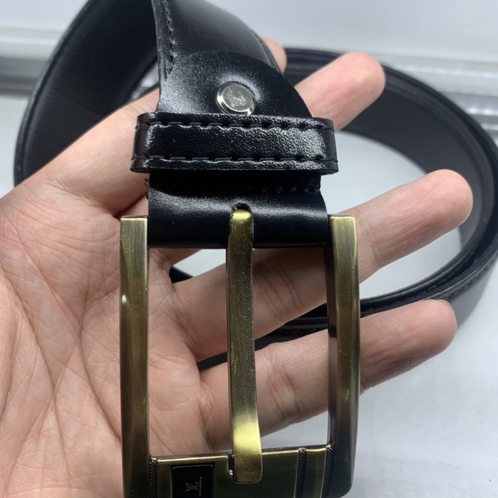 Thắt lưng nam, dây nịt mặt kim màu vàng đất dây đen, thắt lưng da cao cấp