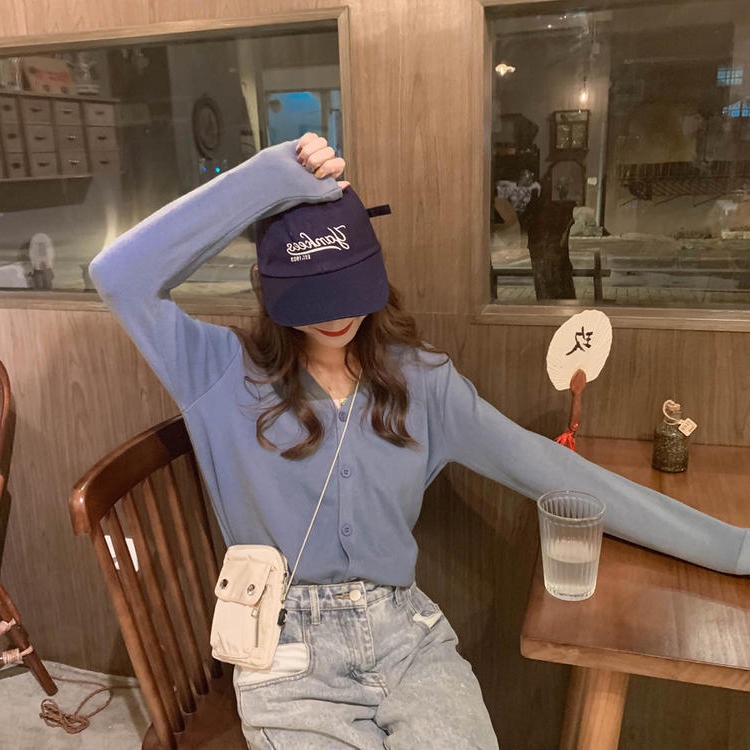 【ZHELIHANGFEI】Áo Cardigan Dệt Kim Tay Dài Cổ Chữ V Lưng Cao Quyến Rũ