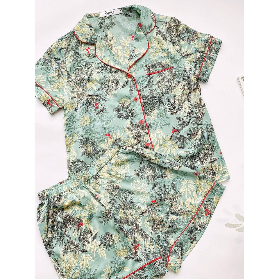Bộ ngủ chất lụa satin Nhật cao cấp họa tiết lá mát mẻ