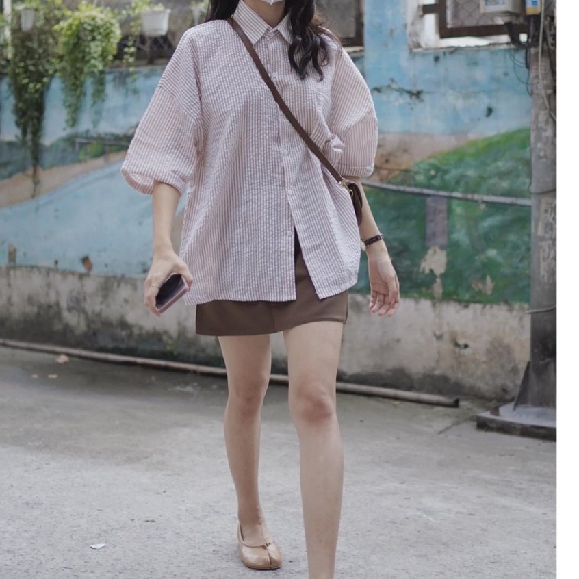 [AMANDA] Sơ mi kẻ sọc chất xốp mặc hè siêu mát. Sơ mi nữ kẻ sọc 3 màu hothit
