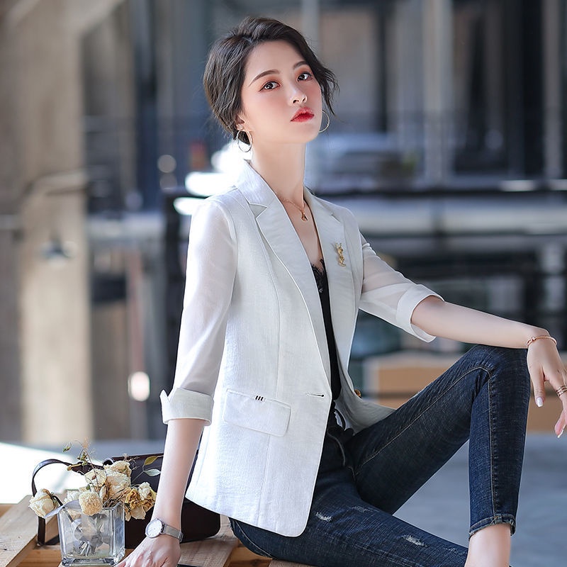 Áo khoác vest tay lỡ 3 / 4 phối lưới mỏng dáng ôm phong cách Hàn Quốc thời trang xuân hè cho phụ nữ