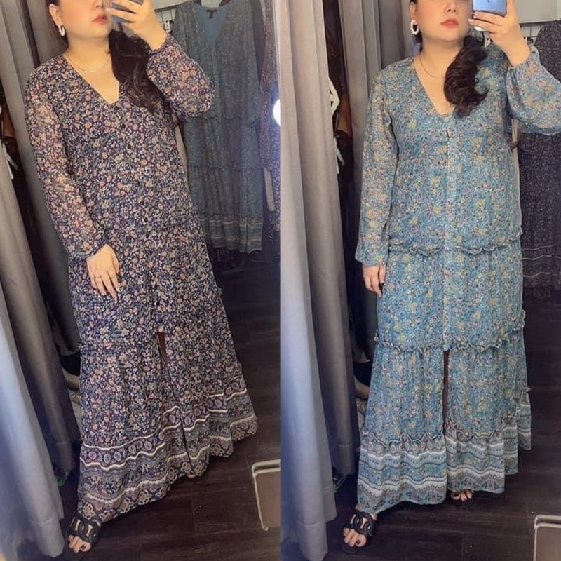 Đầm Maxi Hoa Phối Nút Bo Chun Tay 2 Lớp F21