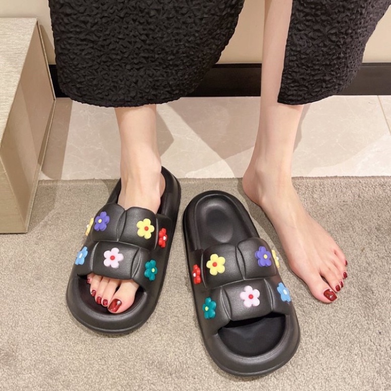 Dép bánh mỳ unisex quai ngang ô vuông cao 3cm đính sticker siêu êm - DL160