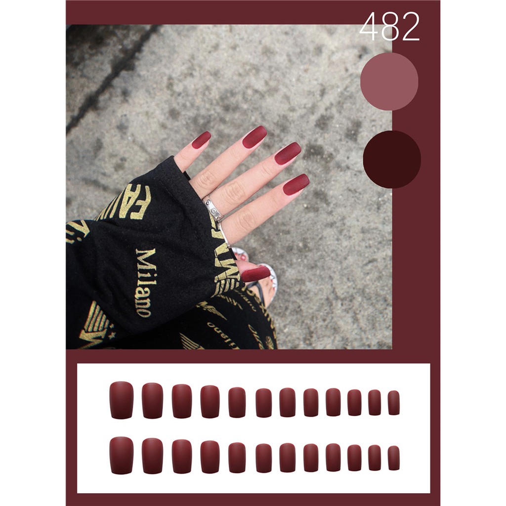 Bộ 24 móng tay giả Nail Nina hoạ tiết màu mận chín mã 482【Tặng kèm dụng cụ lắp】