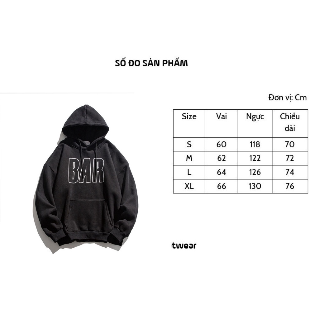 Áo hoodie nam nữ TINOWEAR, áo nỉ siêu dày form rộng in chữ Bar, phong cách Ulzzang cá tính. | BigBuy360 - bigbuy360.vn