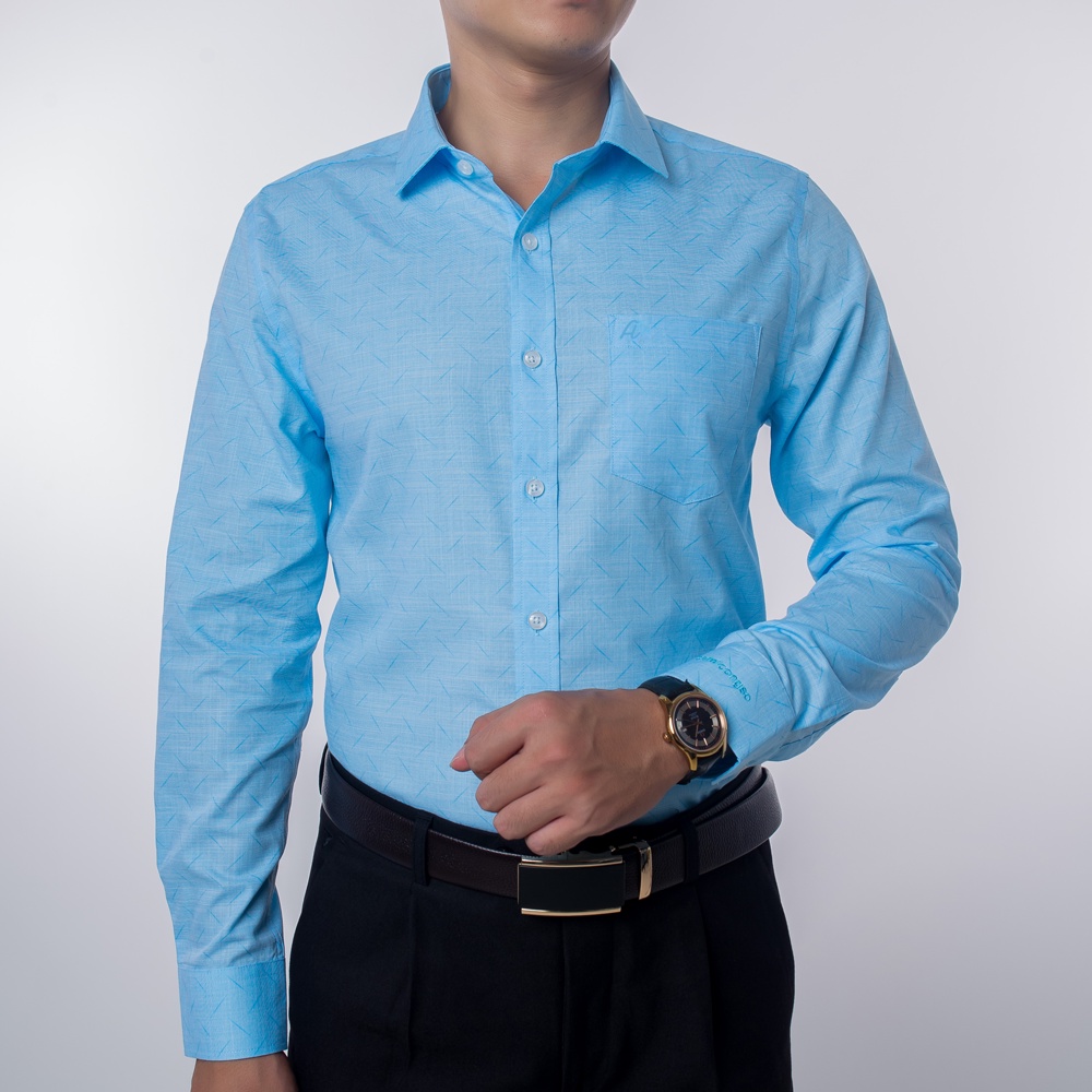 Áo Sơ Mi Nam Công Sở Trung Niên Anton Somianton Màu Xanh Ngọc Dài Tay Họa Tiết In Chìm - 8560
