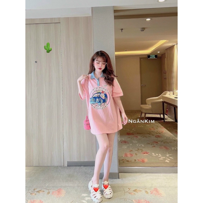 Áo thun nữ in họa tiết cabbie form rộng kiểu cổ bẻ sơ mi hot PC65