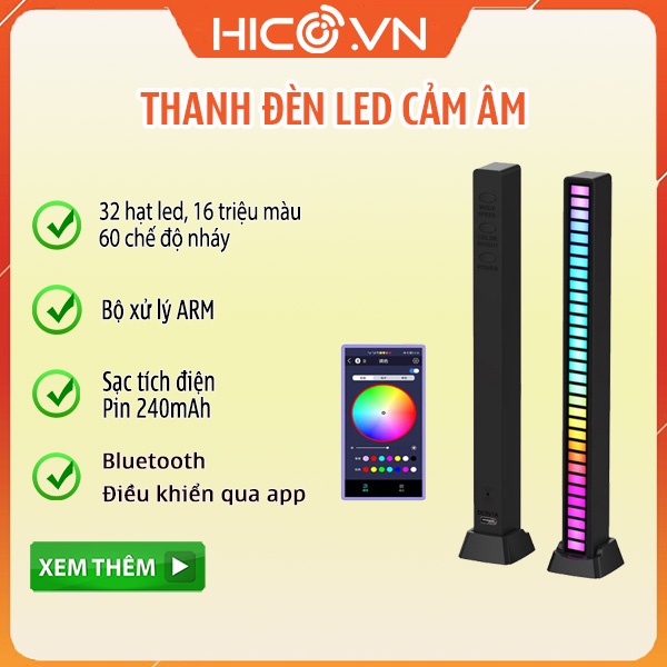 Đèn led, Thanh Đèn Led RGB Nháy Theo Nhạc 16 Triệu Màu Điều Khiển Bằng Cảm Biến Âm Thanh, Đèn Trang Trí Decor Phòng