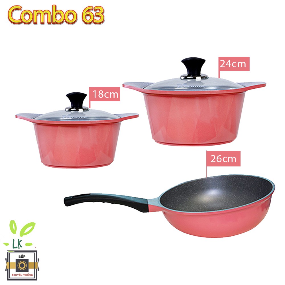 [Chính Hãng] Combo 63 3 món cao cấp, bộ 2 nồi đúc ceramic 2 tay cầm (size 18-24cm) và Chảo đúc chống dính vân đá