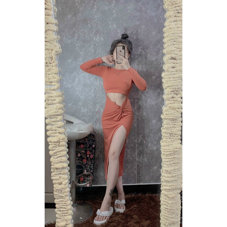 Đầm gân tay dài xoắn 1 bên khoét eo xẻ tà ôm body cực xinh , chất thun gân mềm mịn ly