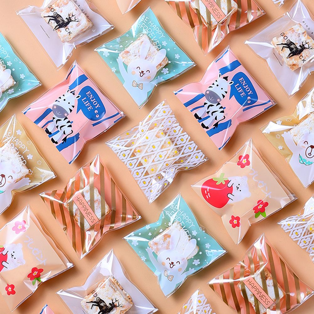 Set 100 túi đựng bánh quy/ kẹo in họa tiết hoạt hình 7 x 7+3cm DIY