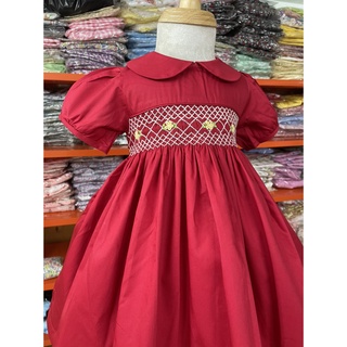 Đầm smock đỏ hoa vàng cổ sen