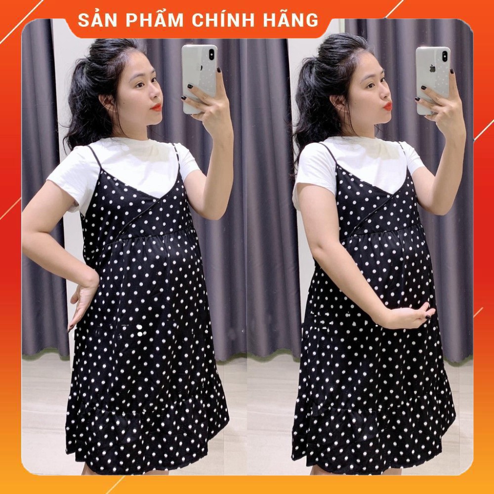 Váy yếm bầu 2 dây chấm bi Xuân Hè dáng suông freesize cho mẹ bầu tăng cân 48-68kg, mặc nhà, đồ ngủ đều đẹp [HÀNG CHUẨN L