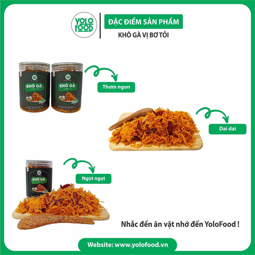 Khô gà bơ tỏi YOLO FOOD đồ ăn vặt, ngon, chất lượng, khô gà bơ tỏi xé cay loại 1 vị truyền thống đóng hộp ATVSTP