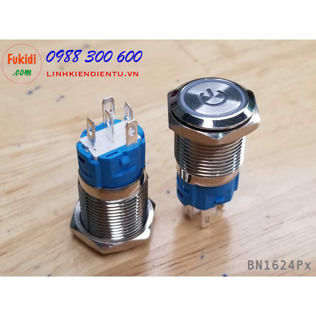 Nút nhấn nhả vỏ kim loại phi 16mm, điện áp 24V, chống thấm nước, đèn hình biểu tượng nguồn