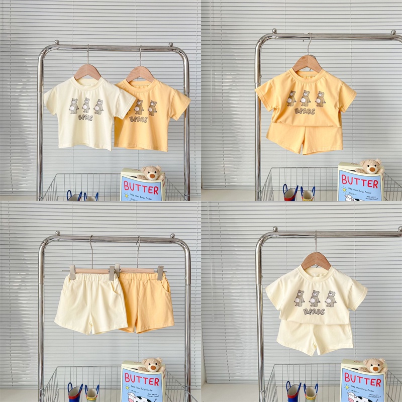 Bộ Áo Thun Cộc Tay In Hình Gấu + Quần Short Cho Bé