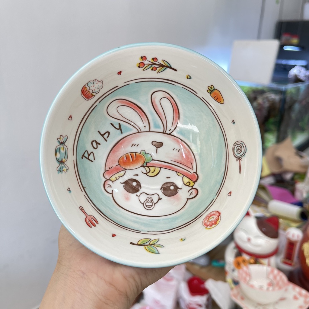 Bộ Bát Đĩa Decor Em Bé Màu Xanh Chén Dĩa Dễ Thương Tô Sứ 16 món Cute X-01