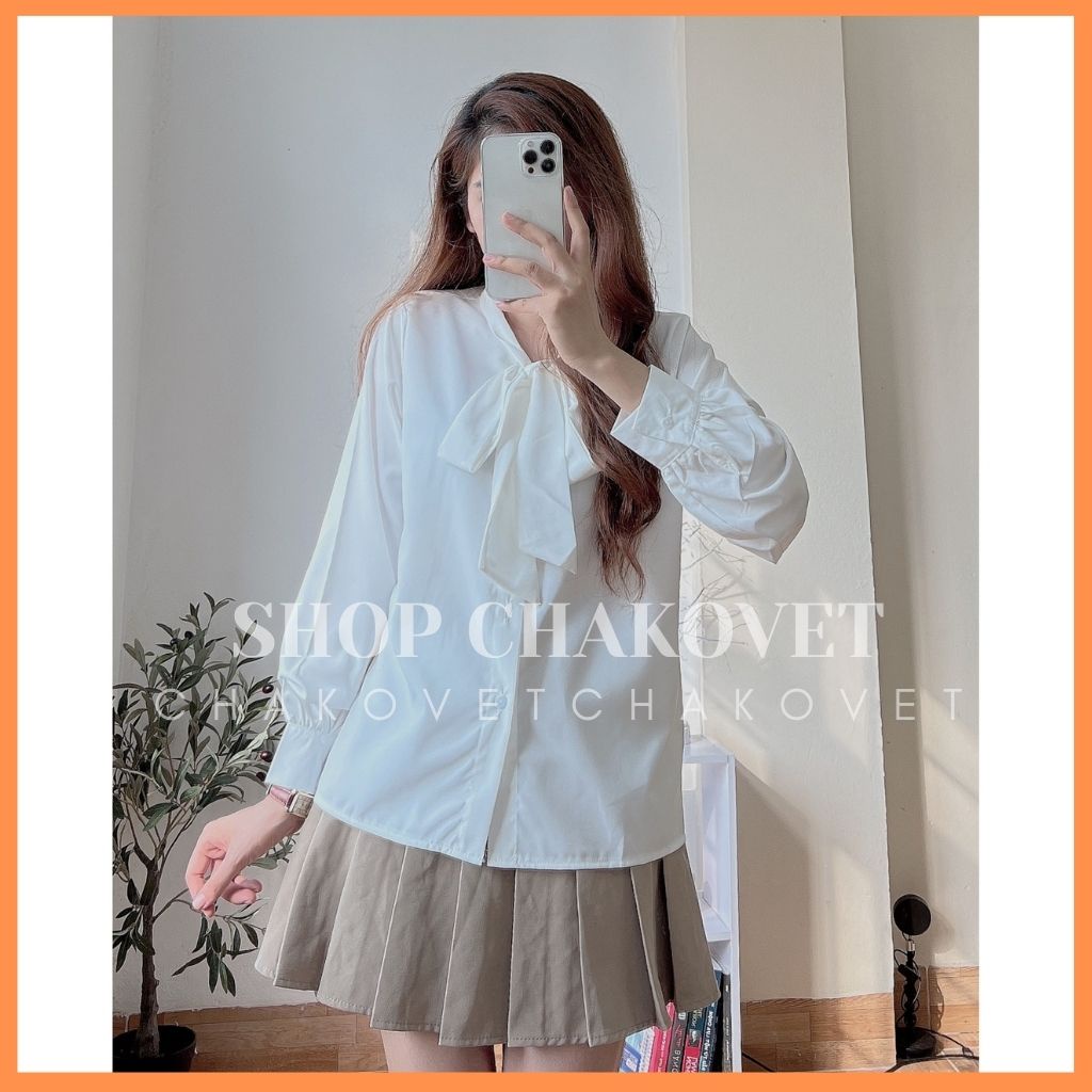 Áo sơ mi nữ dài tay trơn màu trắng A8123 thiết kế cổ áo tròn buộc nơ phong cách tiểu thư cá tính thời trang hàn quốc