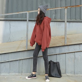 Hoodie ulzzang áo hoodie nữ đẹp nỉ bông trơn có mũ áo nỉ tay dài dáng rộng đen đỏ gạch kiểu hàn quốc
