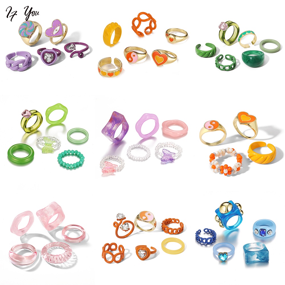 Set nhẫn đeo ngón tay AY nhiều màu sắc độc đáo cho phái nữ