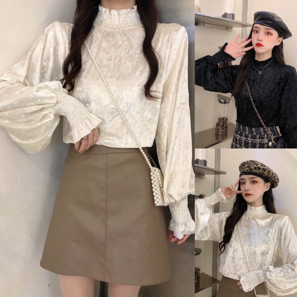 Áo nhung tay dài cổ cao xếp ly đính kim sa lấp lánh phong cách Hàn Quốc mới cho nữ