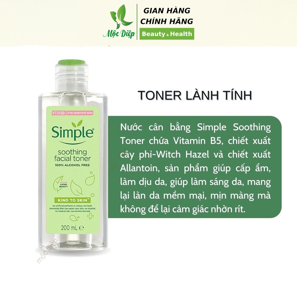 Toner Simple 200ml - Nước hoa hồng Simple Moothing Facial cân bằng độ ẩm cho da - Mộc Diệp