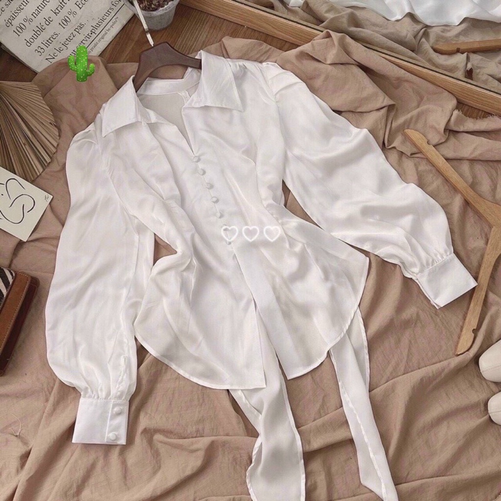 áo sơ mi tiểu thư phi lụa nơ sau phối nút