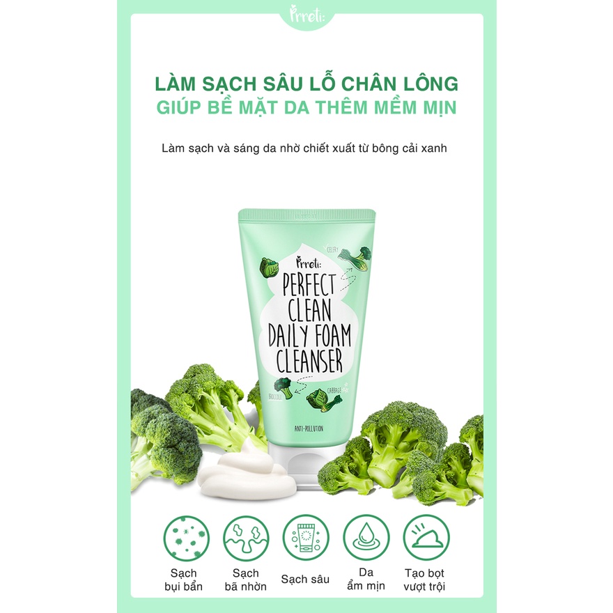 Sữa rửa mặt tạo bọt Prreti Perfect Clean Daily Foam Cleanser Hàn Quốc làm sạch sâu dưỡng ẩm da tự nhiên 150ml Zentop