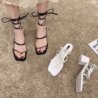 [Có Sẵn] Sandal nữ buộc dây xỏ ngón thời trang đi biển gót vuông cao 5cm