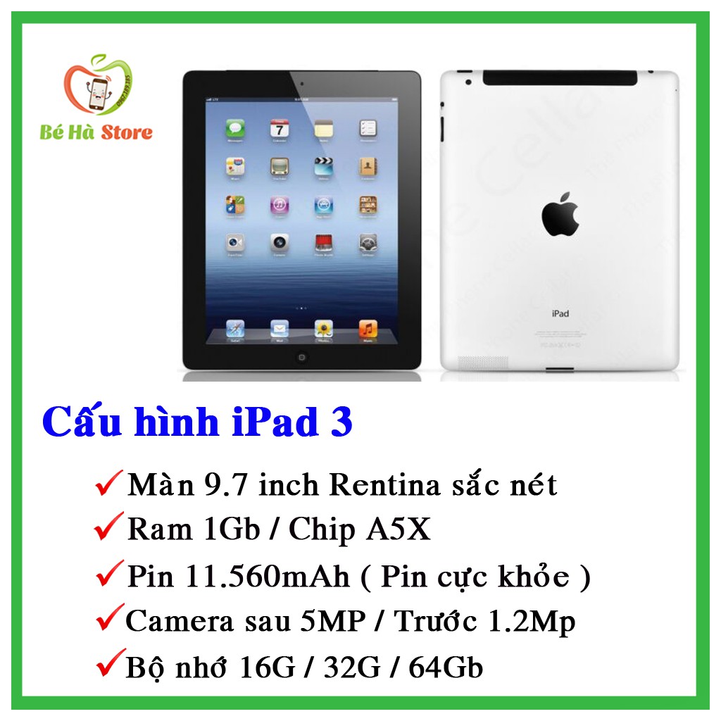 Máy Tính Bảng iPad 3 - 16G/ 32G/ 64Gb  (Wifi + 3G) - Zin Đẹp 99% - Pin cực trâu - Màn Rentina sắc nét - Ram 1G /chip A5X